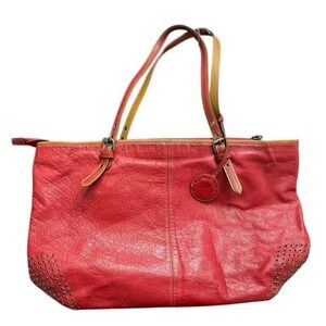 Mazzini Red Pebbled Leather Tote Bag Studded Eyelet Detail Shoulder Bag